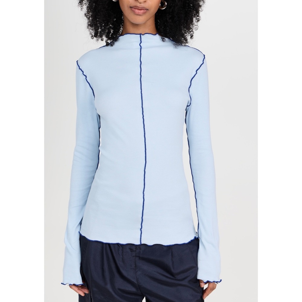 Rodebjer Columbina Rib Jersey Top Womens XL Fog Blue Long Sleeve Roll Neck NEW